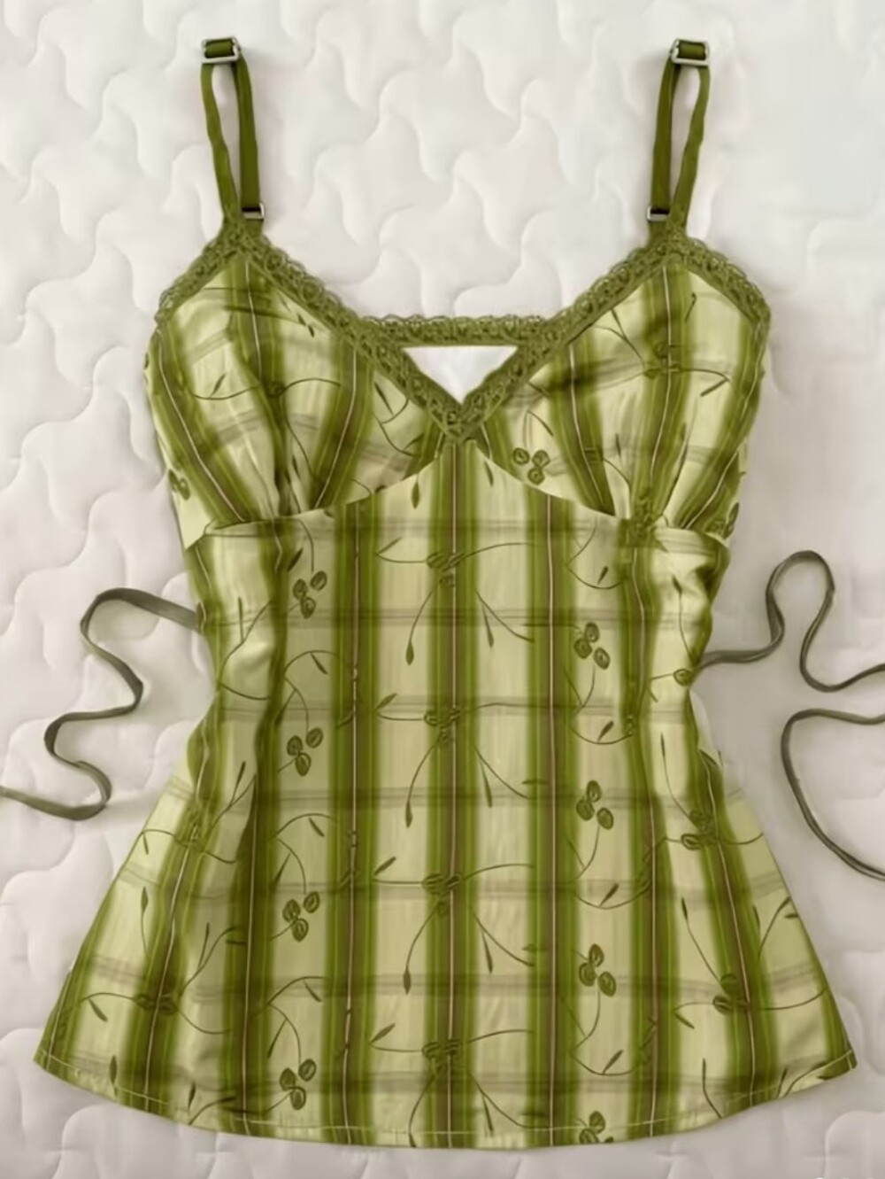 Casual Lace-Trim Green Printed Cami Top